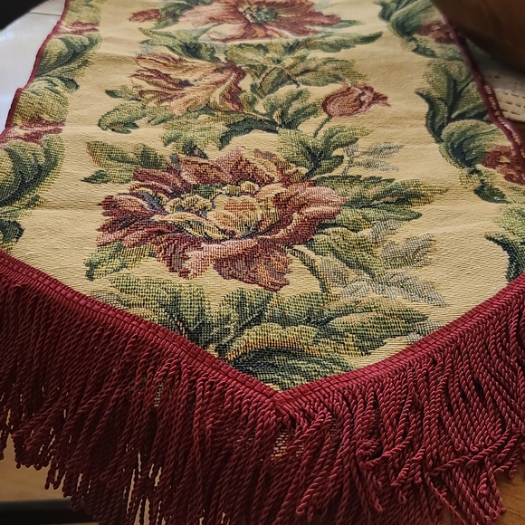 Table Runner 70" Burgundy Floral with Fringe - Picture 2 of 5